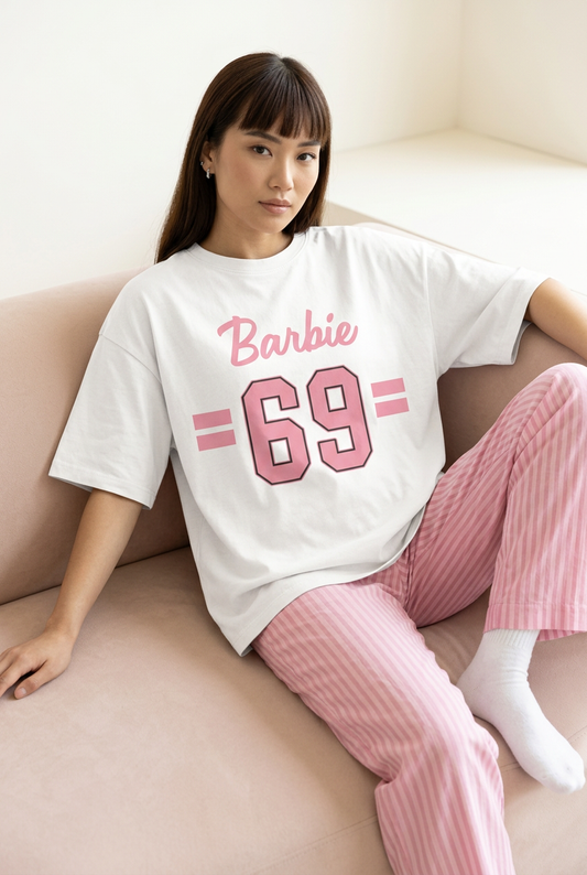 White Pink Barbie 69 tee with pink striped pajama pants