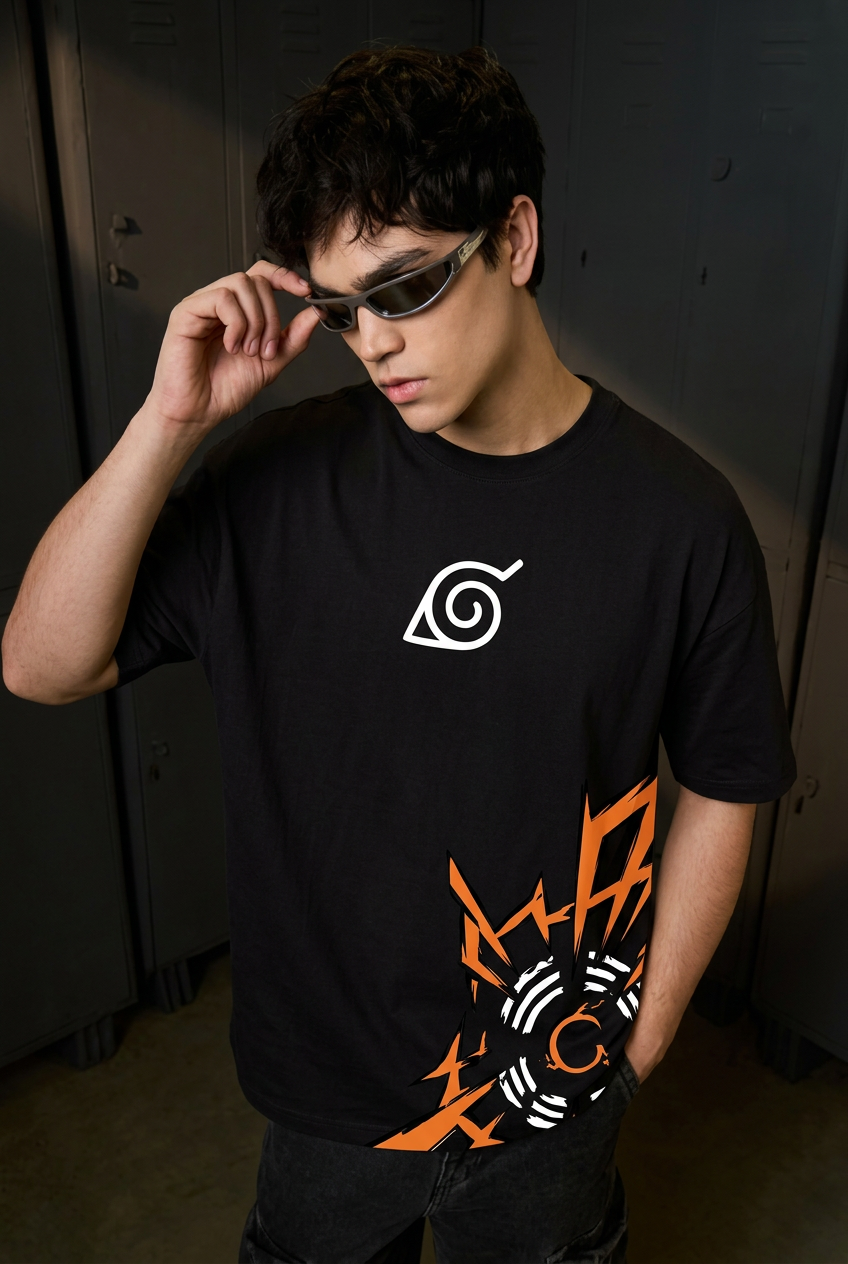 Naruto black oversized tee front sunglasses pose