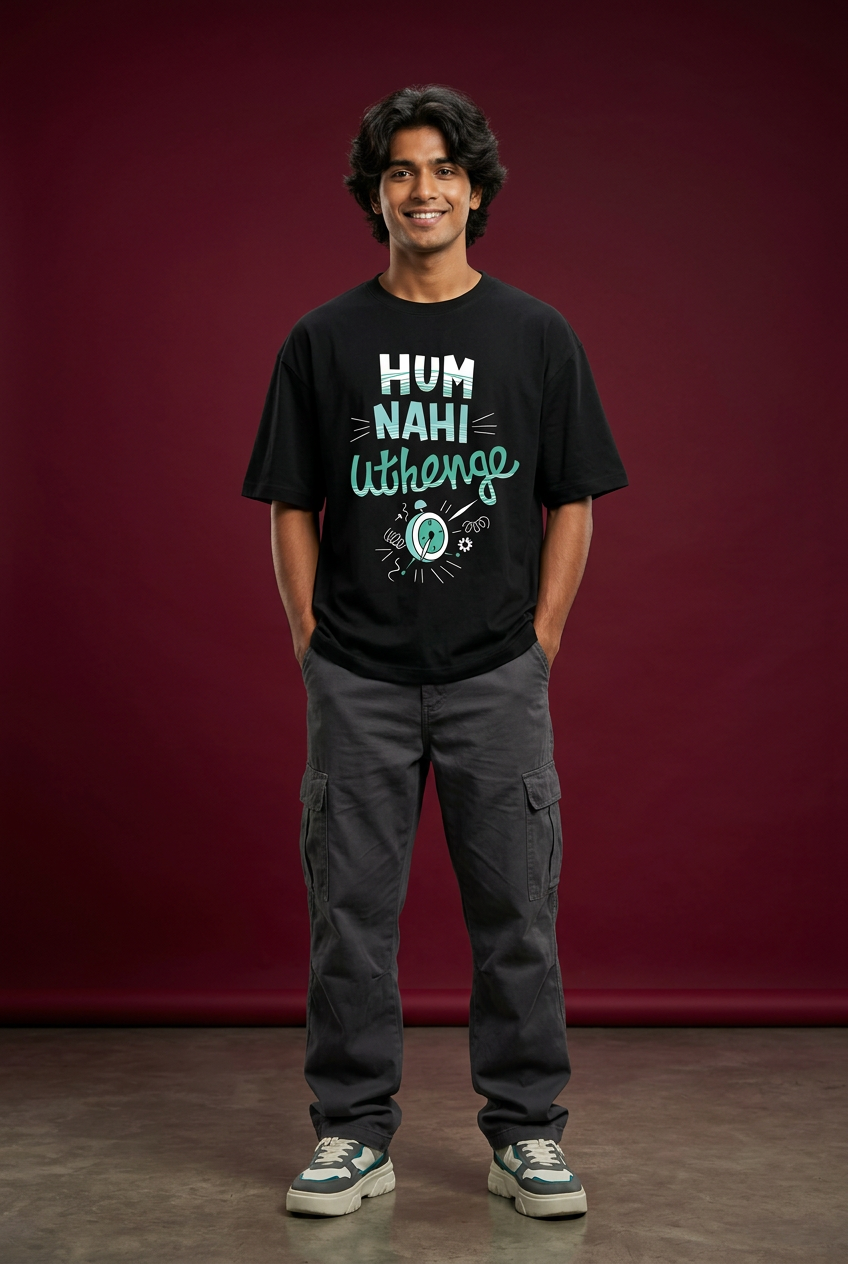Nope oversized T-shirt, Indian Gen Z model, playful front pose