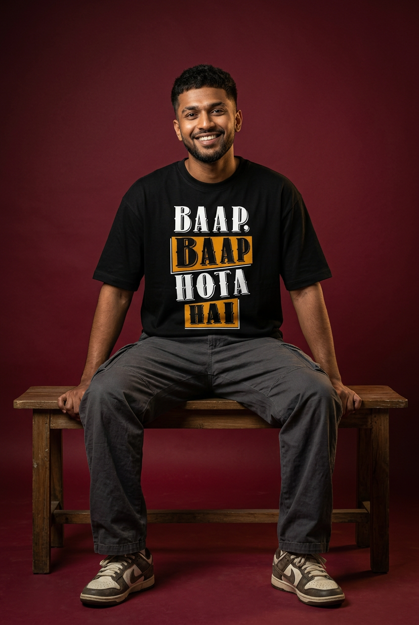 Baap tee, Indian Gen Z model, bench pose