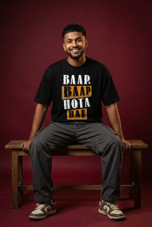 Baap tee, Indian Gen Z model, bench pose