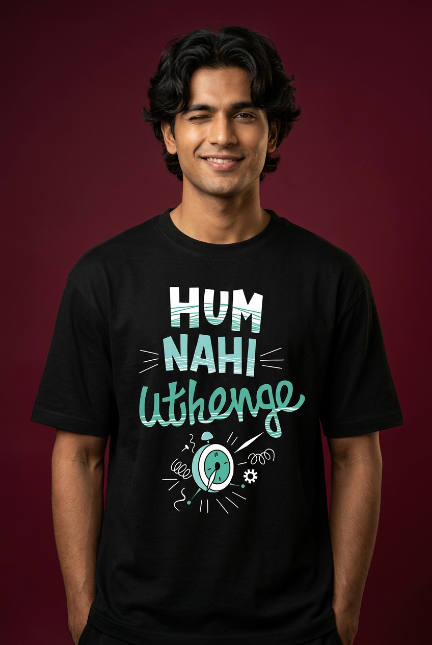 Nope oversized T-shirt, Indian Gen Z model, smiling close-up
