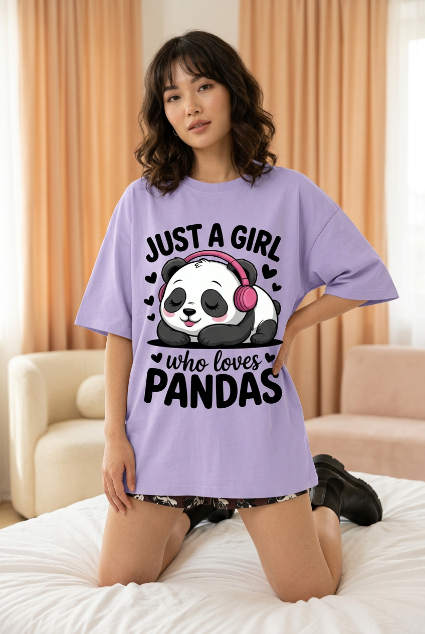 Lavender panda graphic tee, kneeling model with shorts and boots