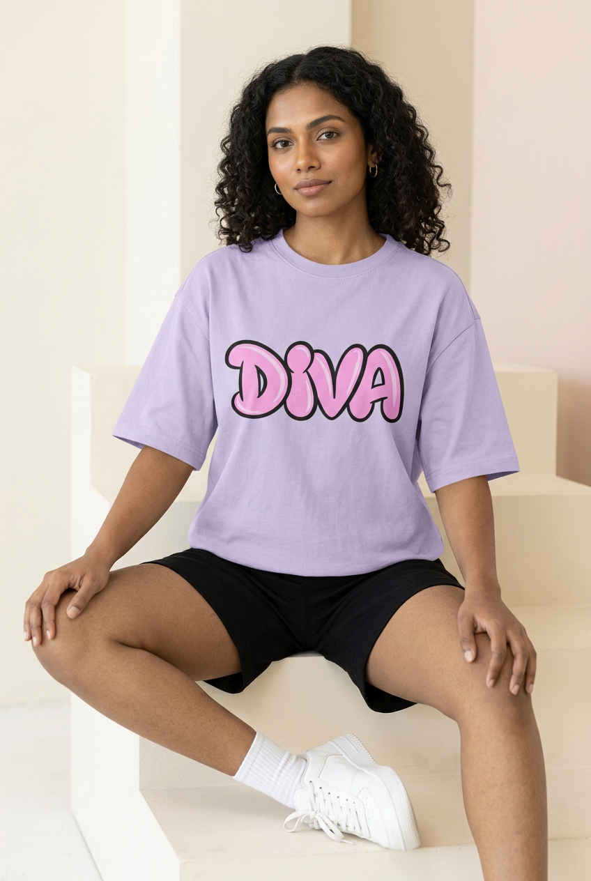 Lavender Pink Diva oversized tee with black shorts and white sneakers