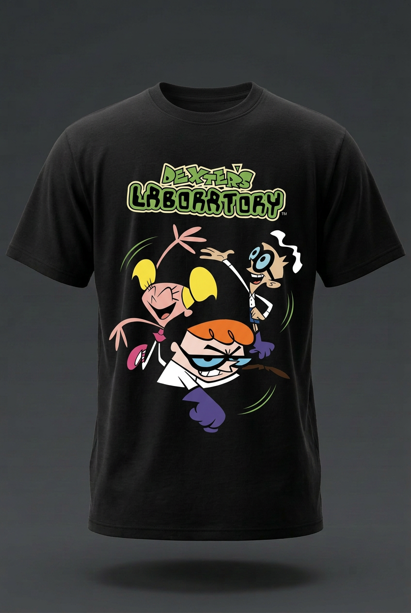 Dexter's Laboratory black tee garment-only front mockup
