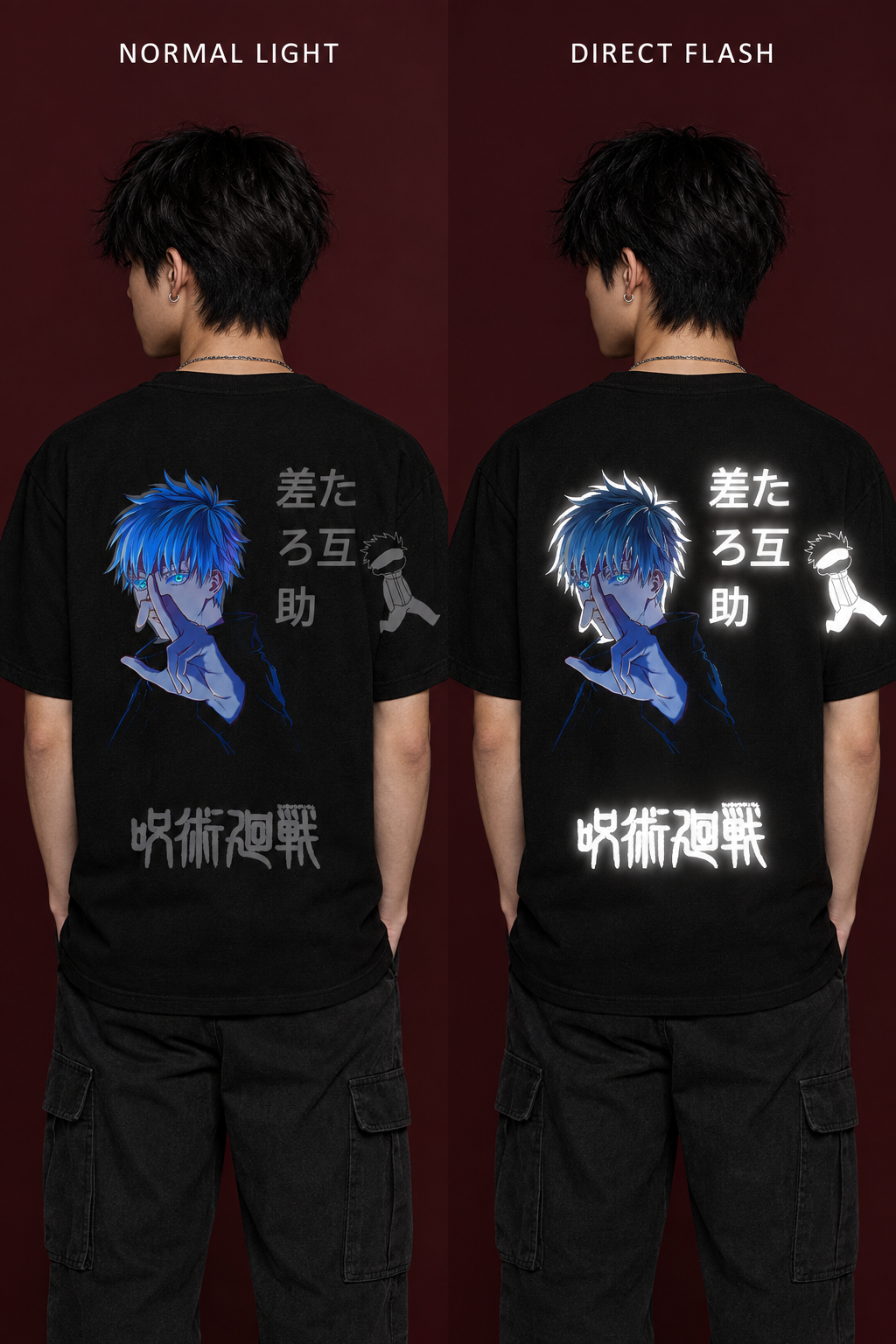 Illustrative Gojo normal-light versus direct-flash reflective comparison