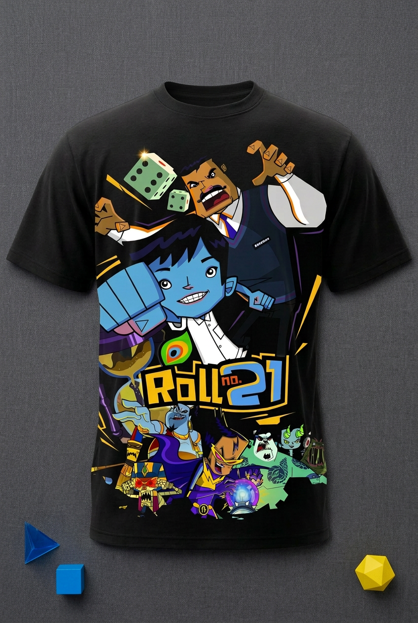 Roll No. 21 black graphic tee styled flat lay