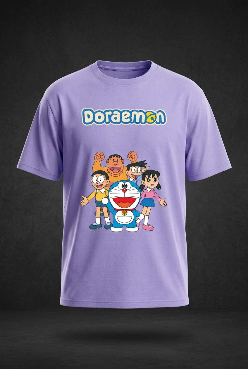 Doraemon lavender tee angled mockup