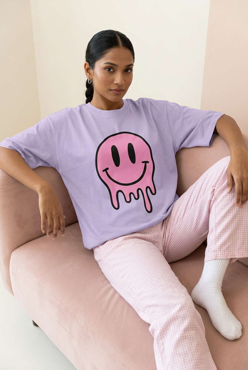 Pink dripping smiley tee with checked pajama pants, sofa pose