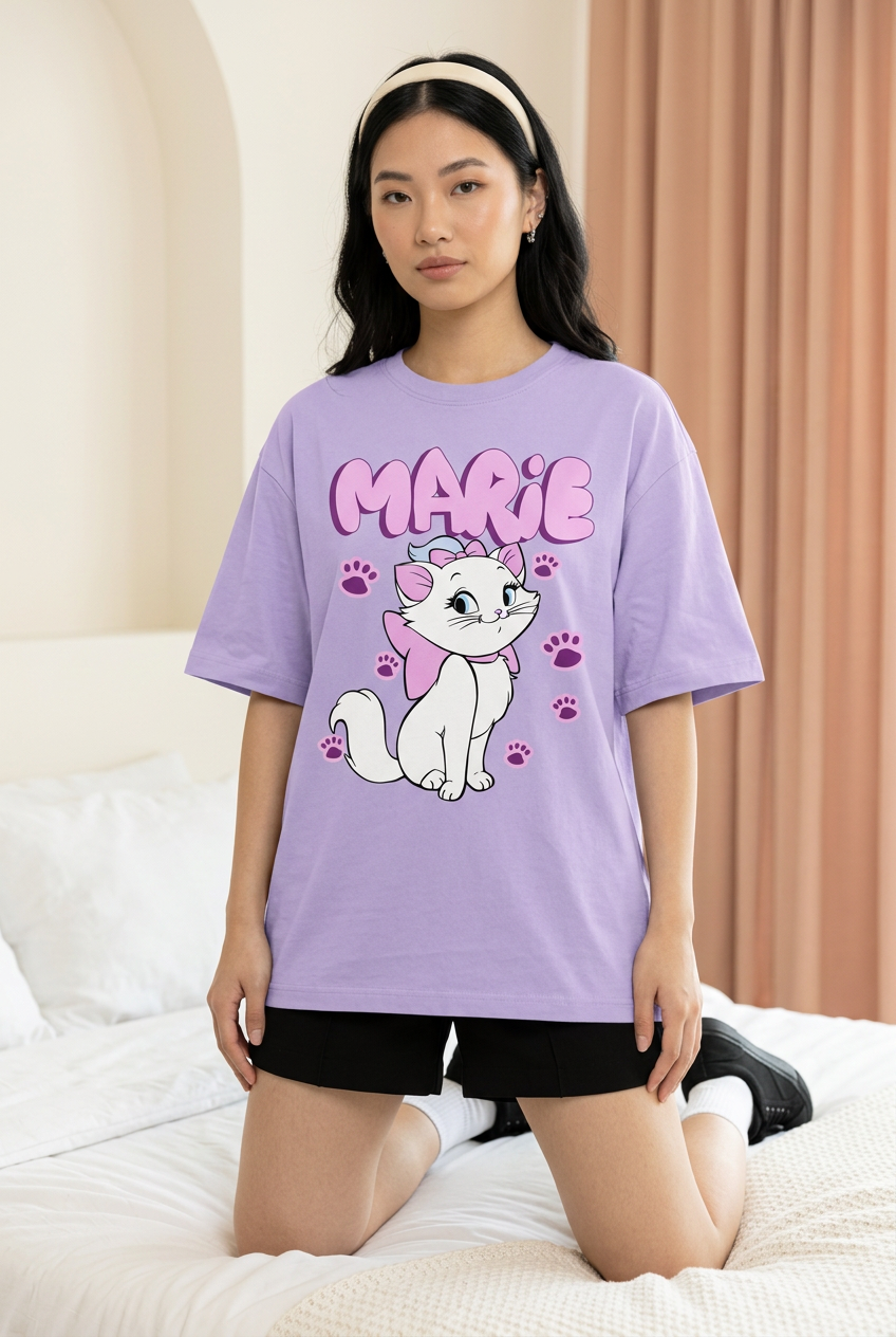 Lavender Marie cat tee, kneeling outfit with shorts and socks