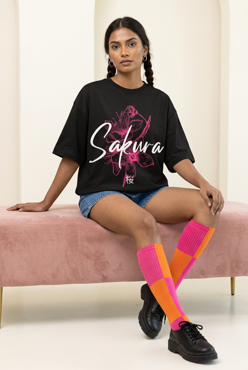 Sakura oversized tee with denim shorts and colour-block socks