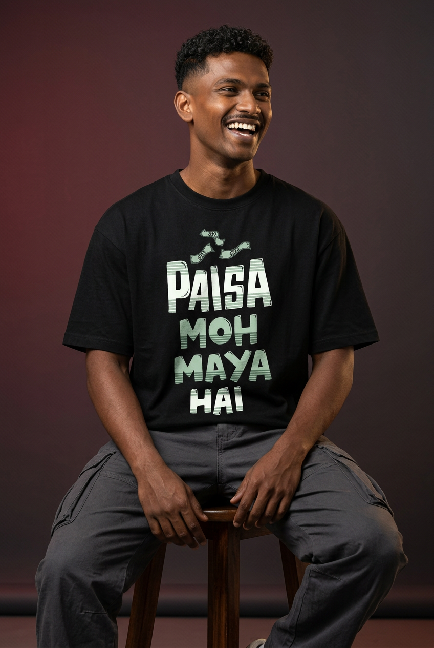 Maya oversized T-shirt, Indian Gen Z model, laughing seated pose