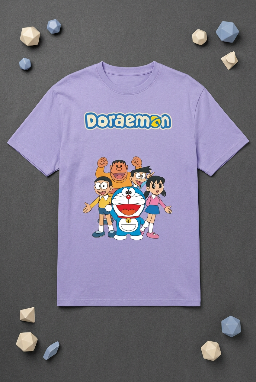 Doraemon lavender tee styled flat lay