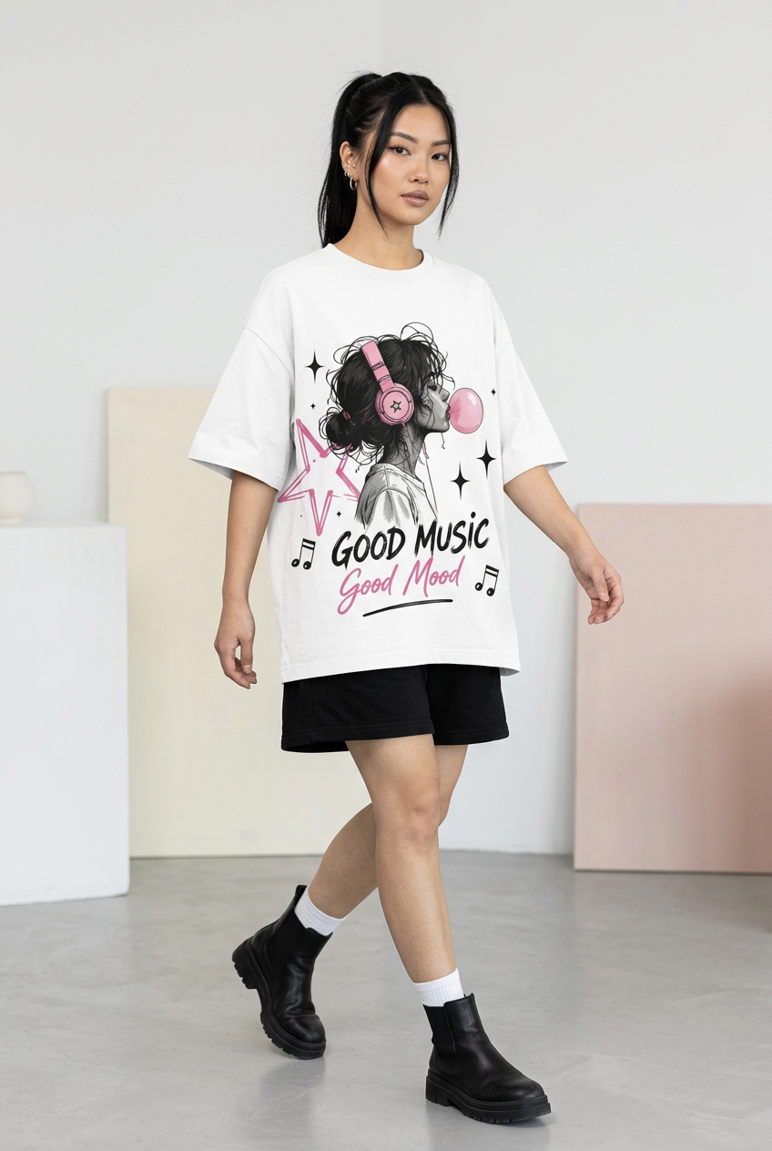 Good Music Good Mood oversized tee, walking outfit with black shorts and boots