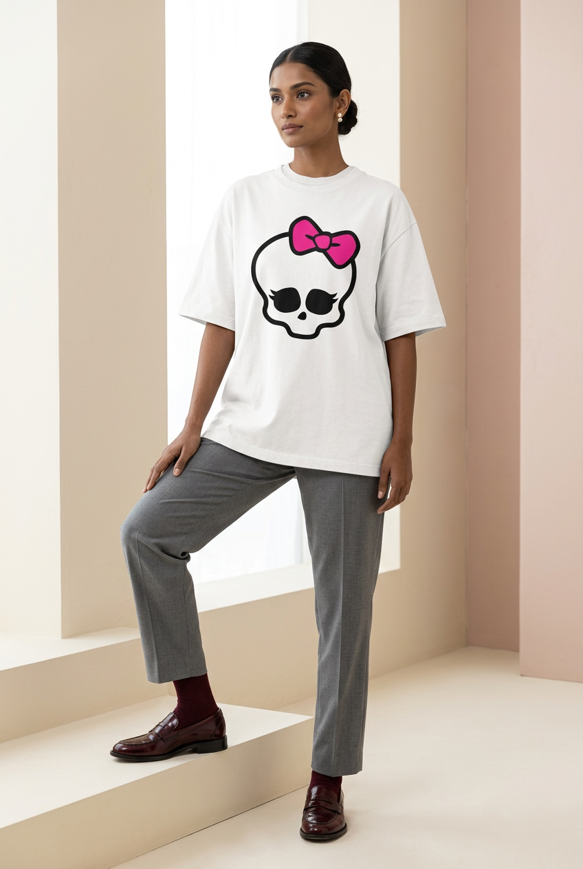 White skull graphic tee with gray trousers and burgundy dress socks