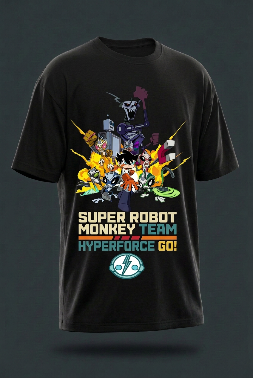 Super Robot Monkey Team black graphic tee angled front view