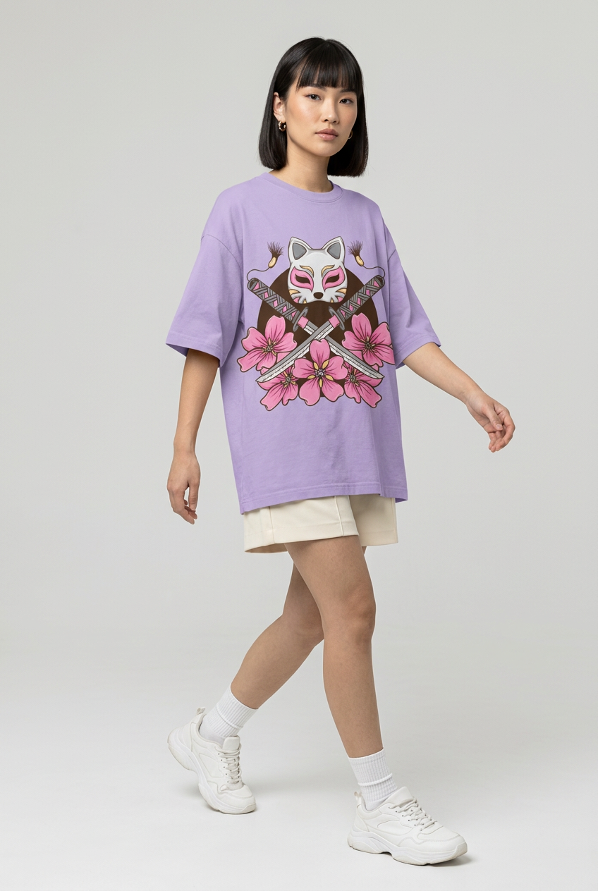 Lavender kitsune sakura oversized tee, walking model view