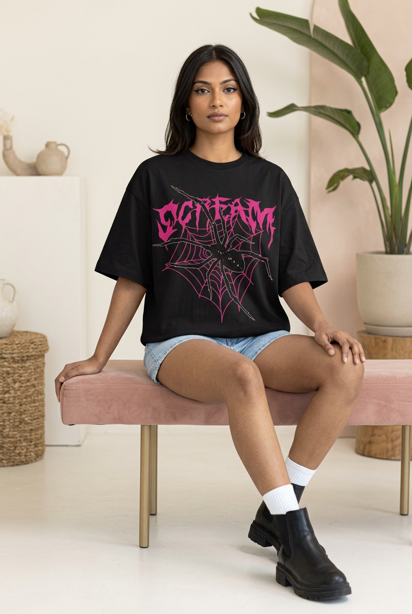 Pink gothic spiderweb tee with denim shorts, socks and boots