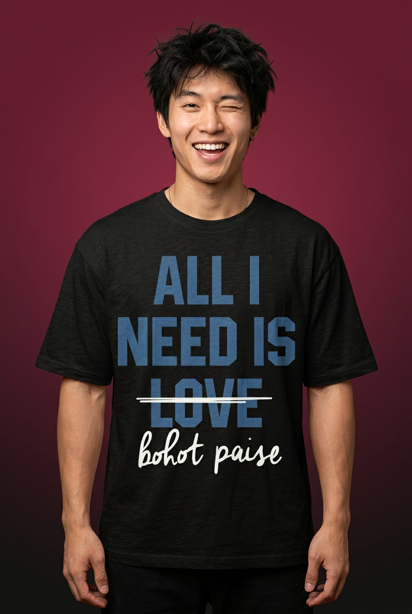 Paisa oversized T-shirt, playful smiling model close-up