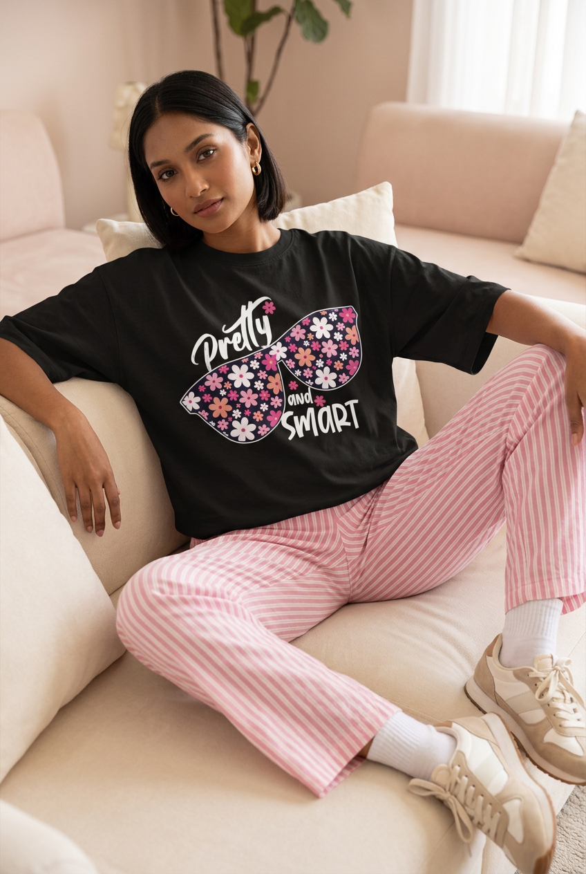 Black Pretty and Smart tee with striped pajama pants, sofa pose
