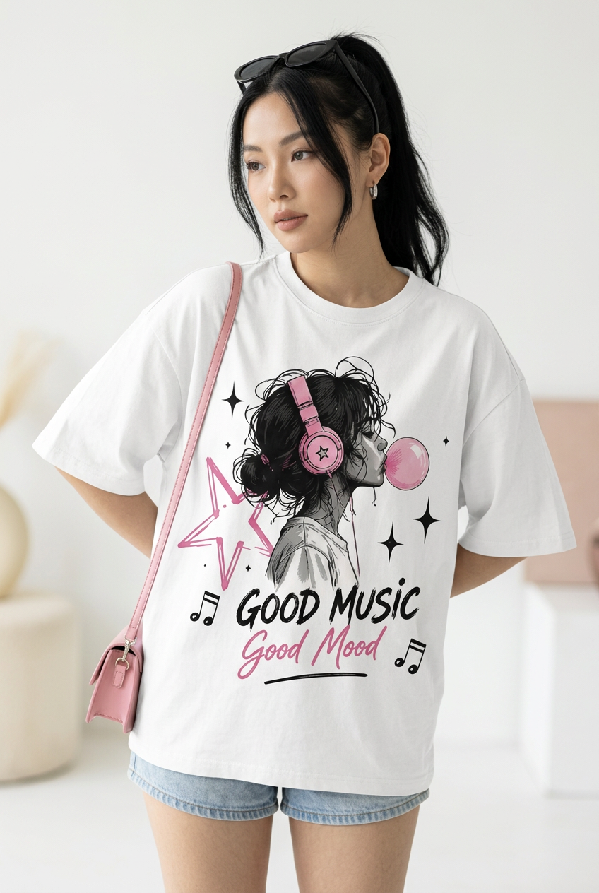 White Good Music Good Mood tee, three-quarter model portrait