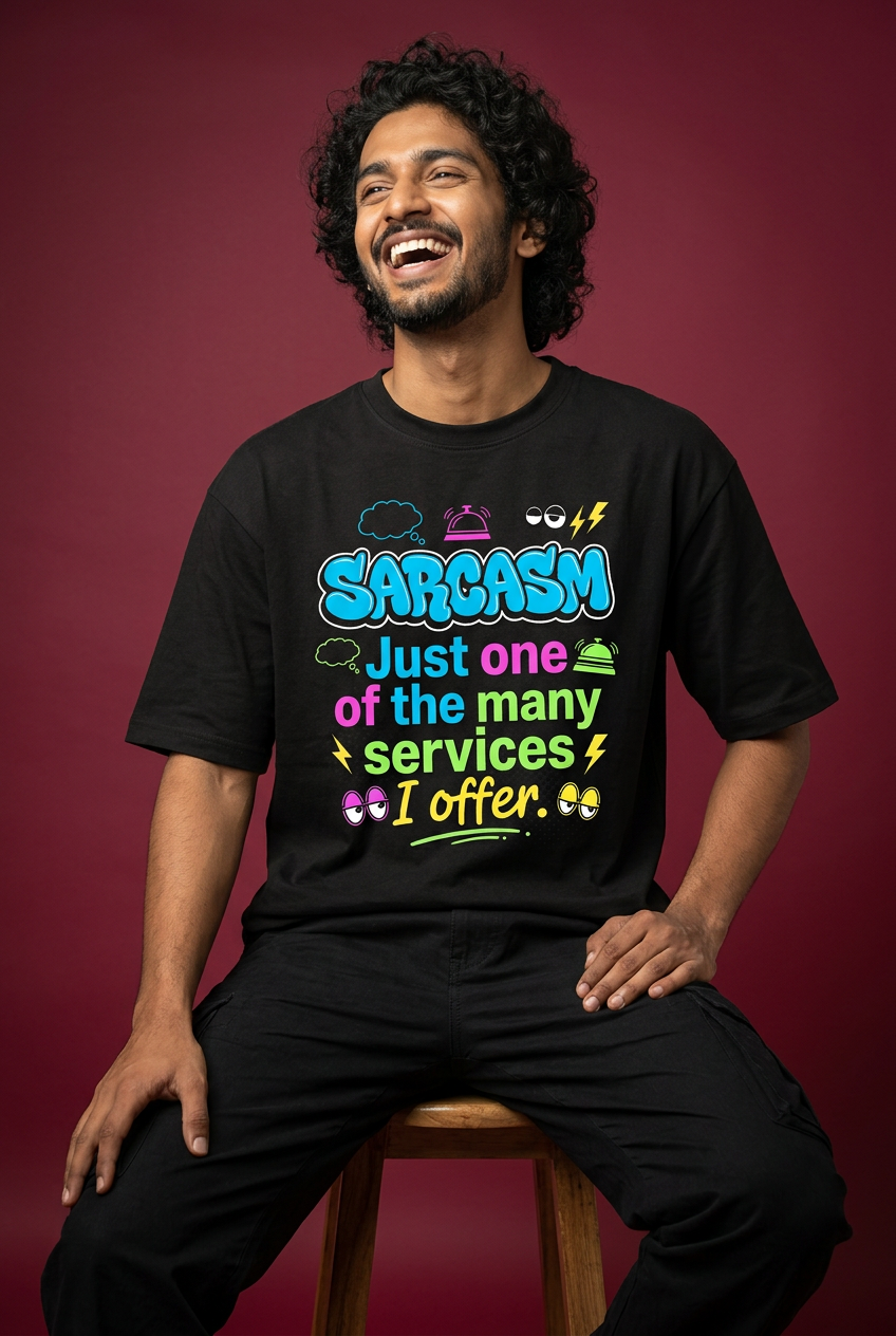 Sarcasm oversized T-shirt, curly-haired bearded model, laughing seated pose