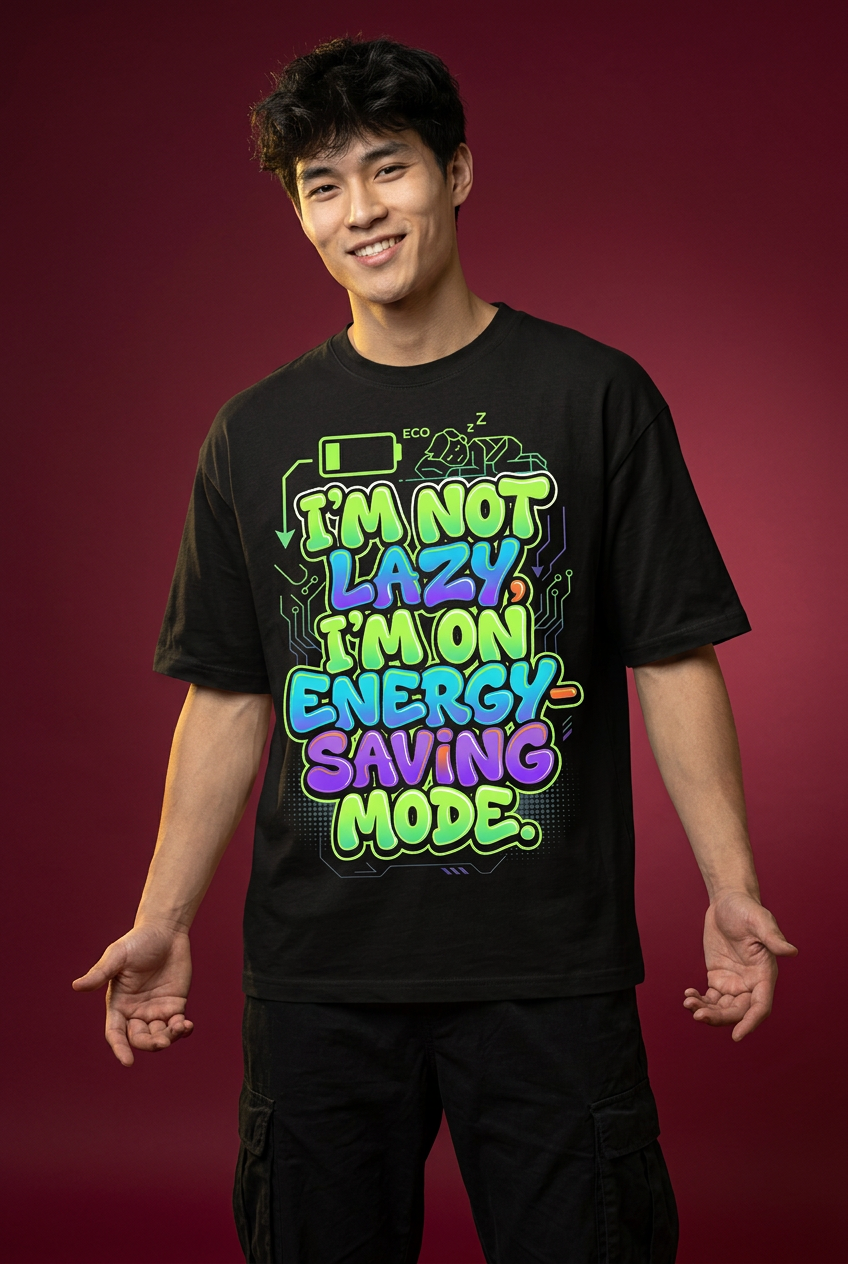 Lazy oversized T-shirt, cheeky three-quarter model pose