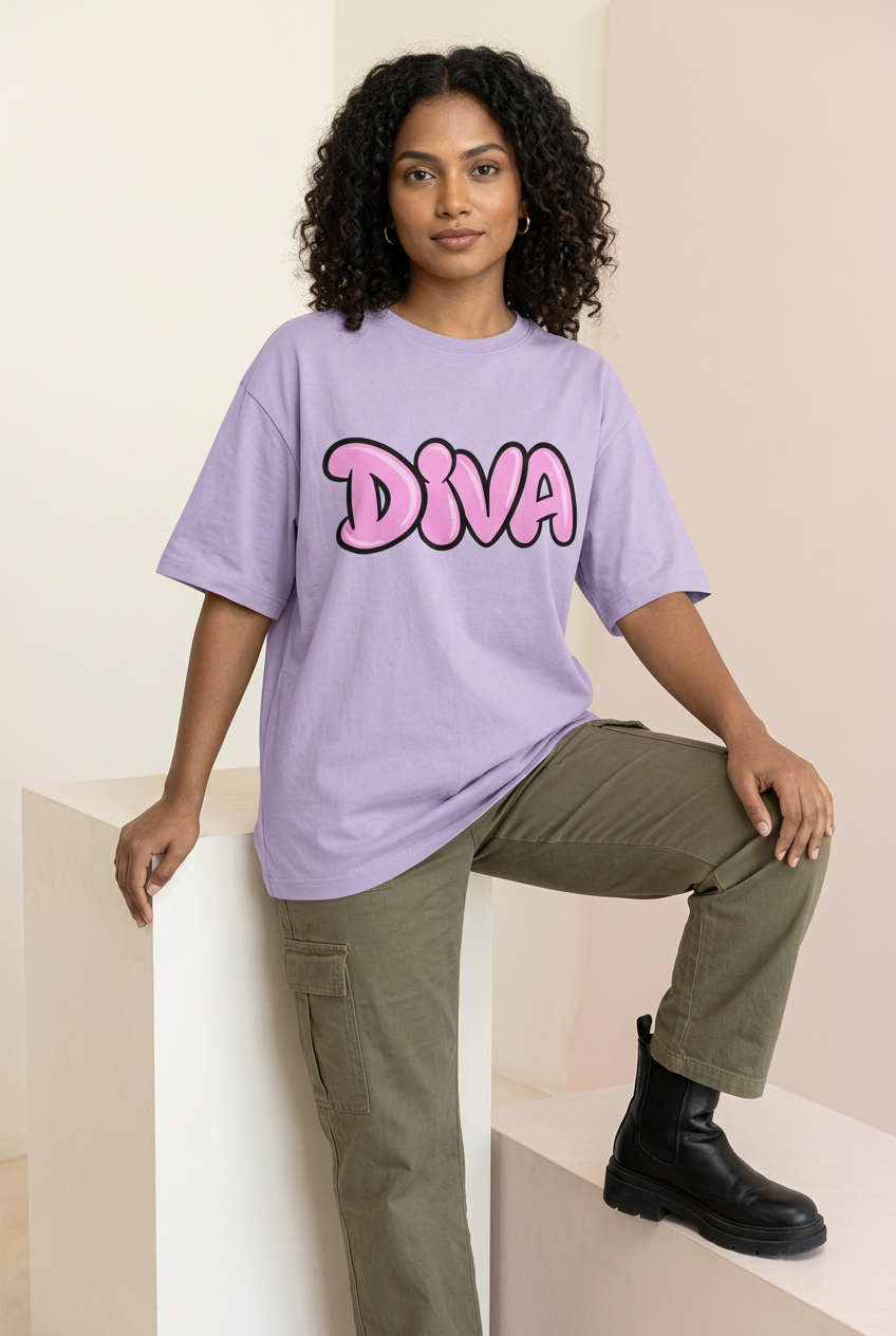 Indian female model in Pink Diva tee with olive cargo pants