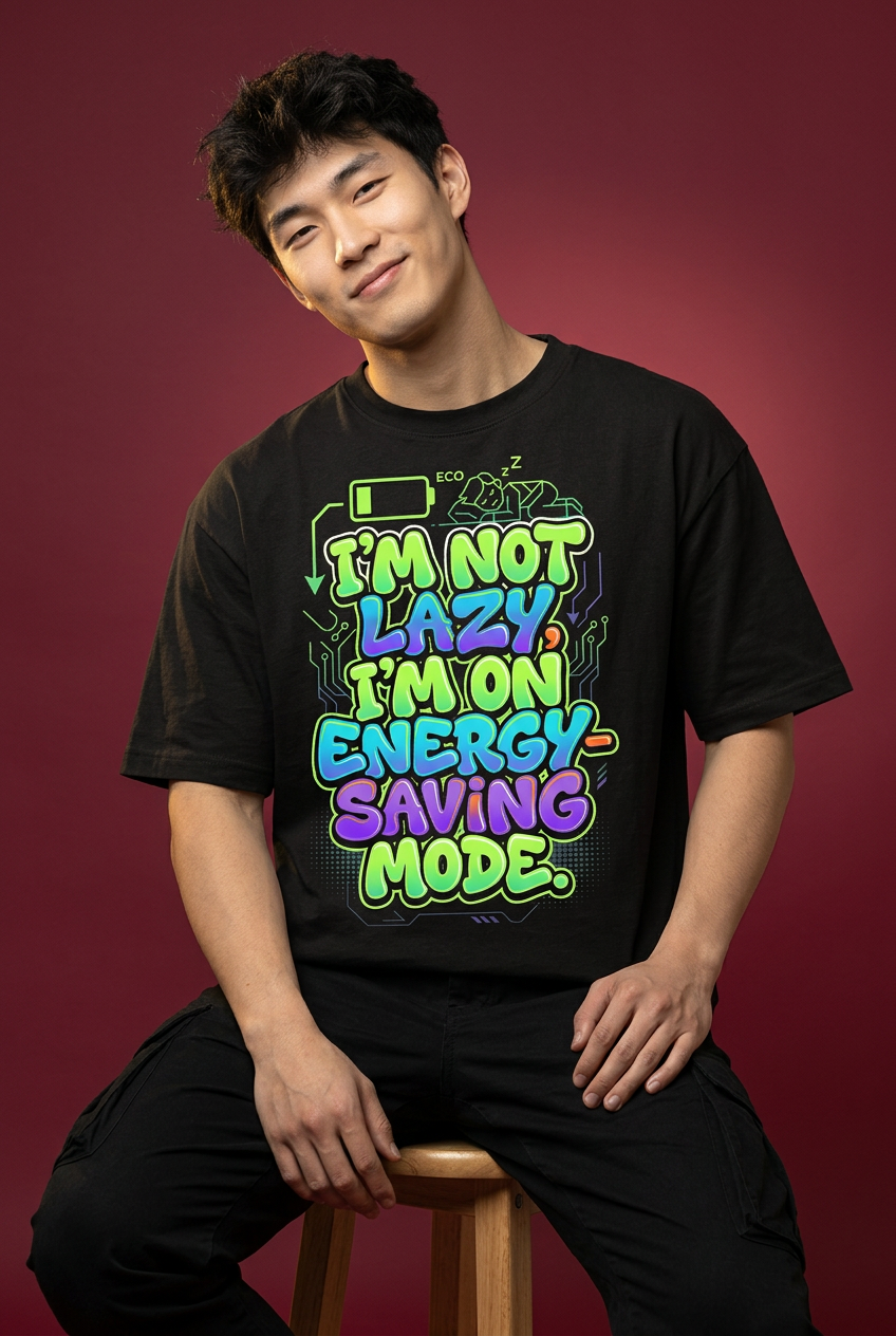 Lazy oversized T-shirt, relaxed playful seated model pose