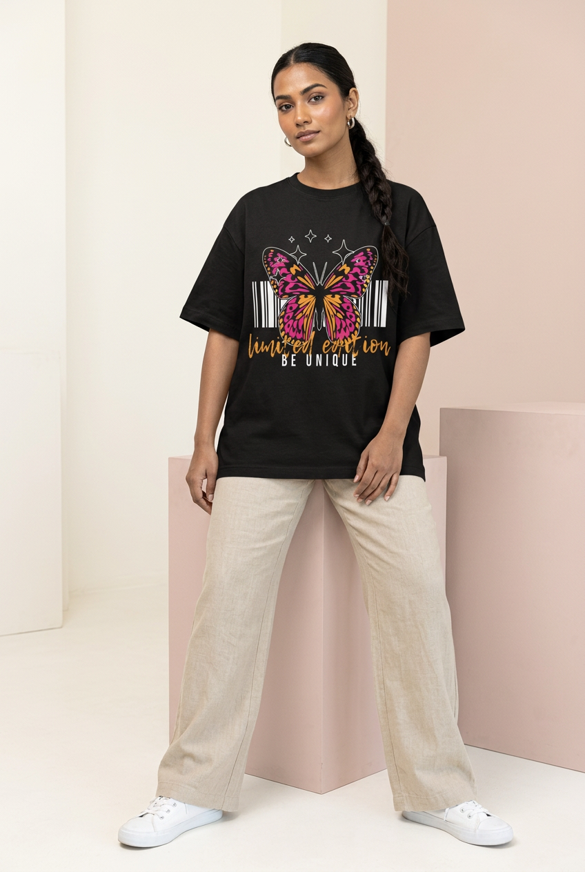 Butterfly oversized tee styled with wide-leg trousers