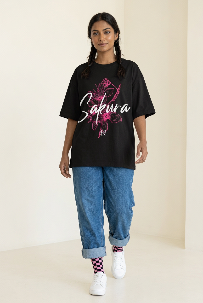 Indian female model in Sakura tee with jeans and checkerboard socks
