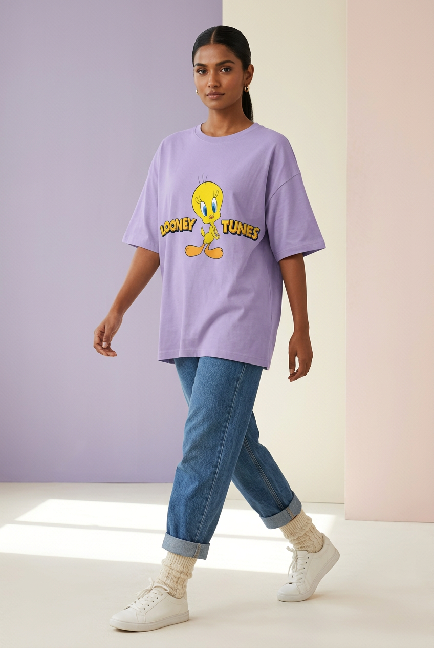 Indian female model in lavender Tweety tee with jeans and cream cozy socks