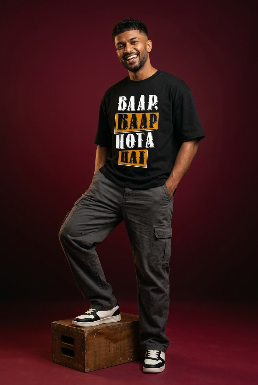 Baap tee, Indian Gen Z model, low-angle cube pose