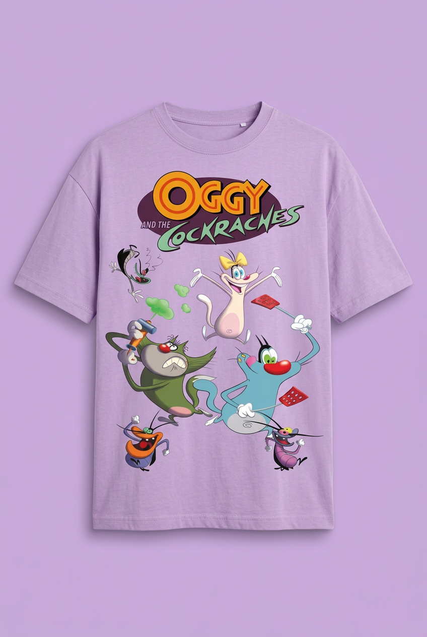 Oggy and the Cockroaches lavender tee front mockup
