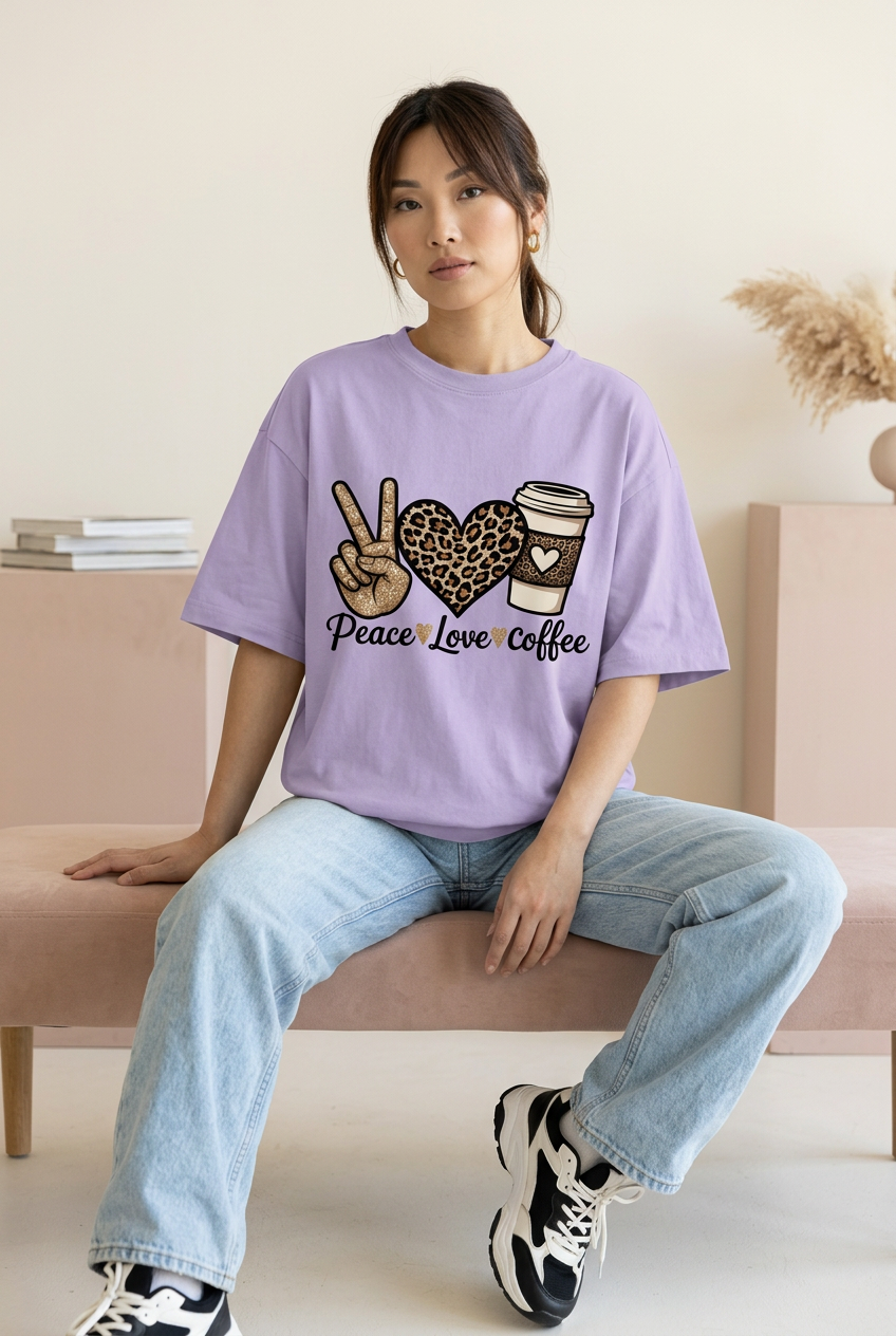 Peace Love Coffee oversized tee with loose jeans, seated pose