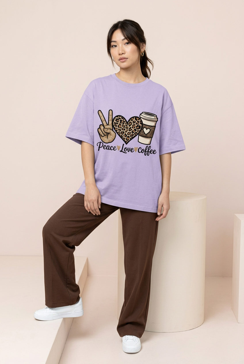 Lavender Peace Love Coffee tee with brown wide-leg trousers