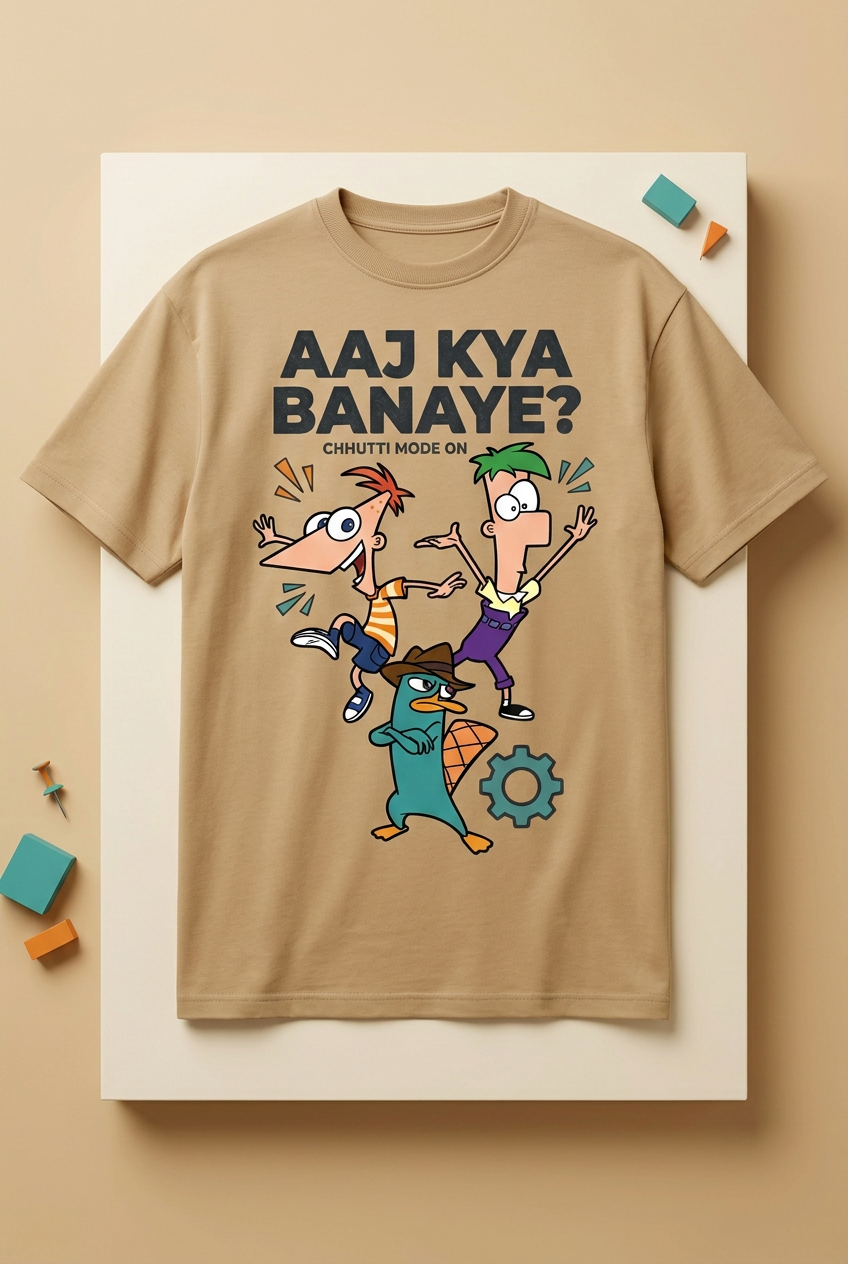 Phineas and Ferb beige tee flat lay with complete front design