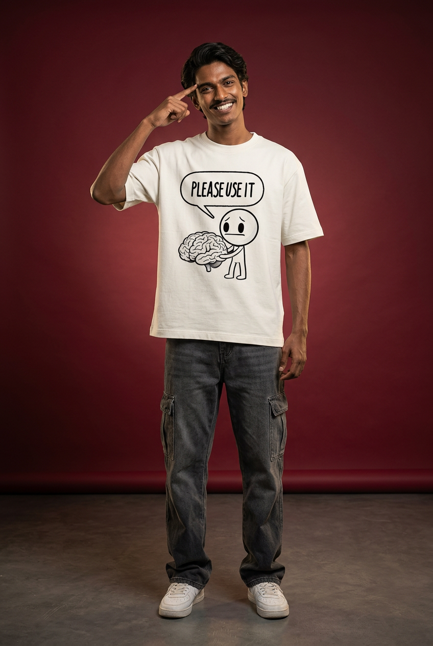 Brainless tee, Indian Gen Z model, cheeky thinking pose