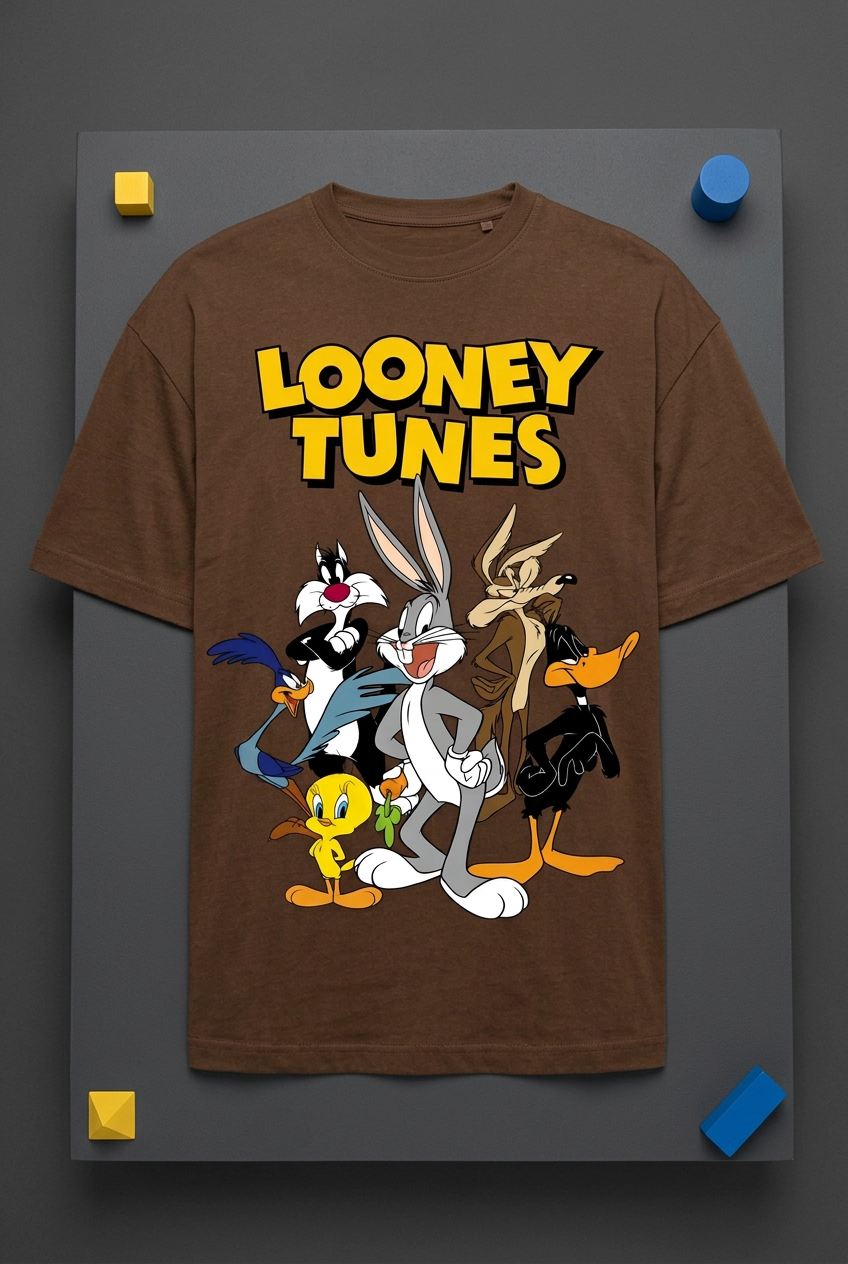 Looney Tunes coffee-brown tee styled flat lay