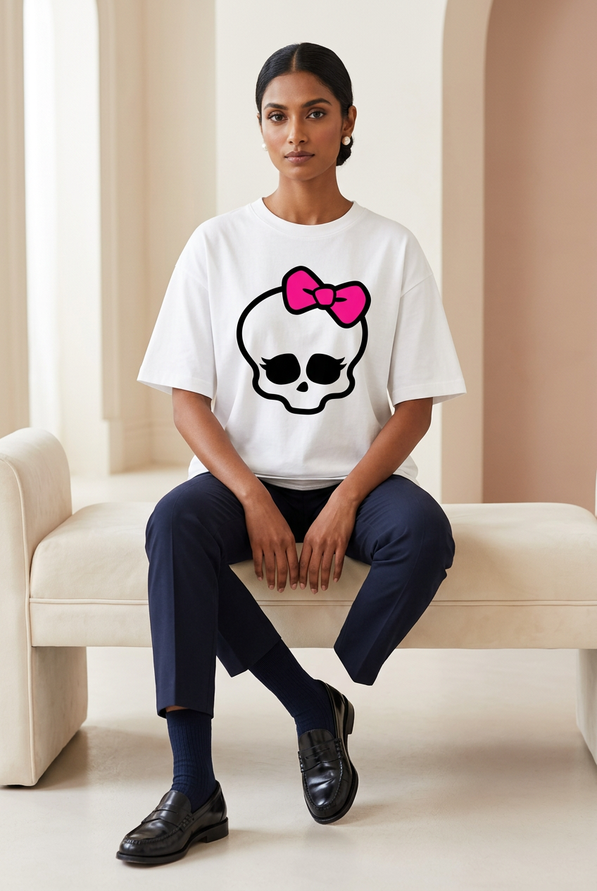White skull bow oversized tee with navy tailoring and loafers