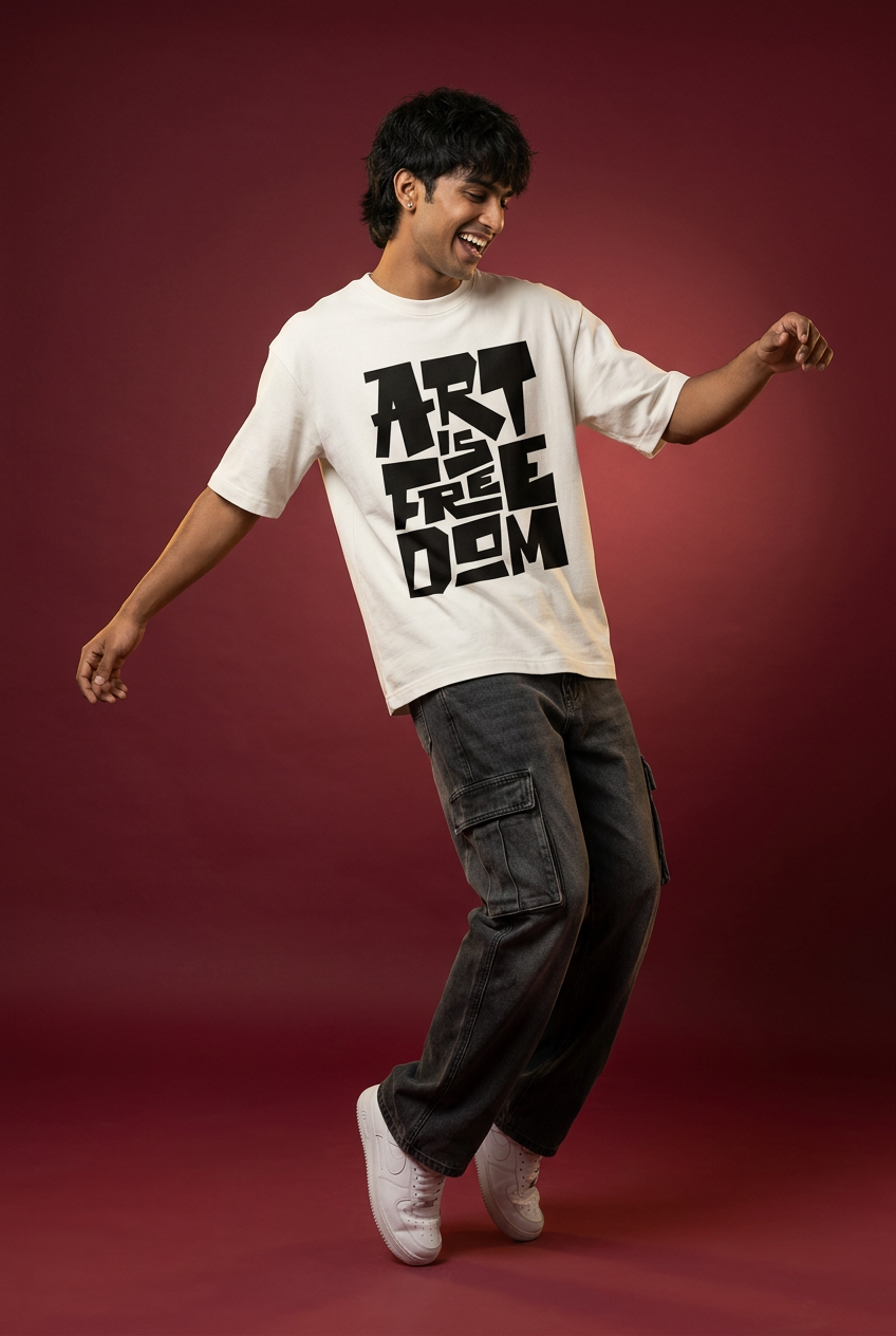 Art Is Freedom tee, Indian Gen Z model, dancing pose