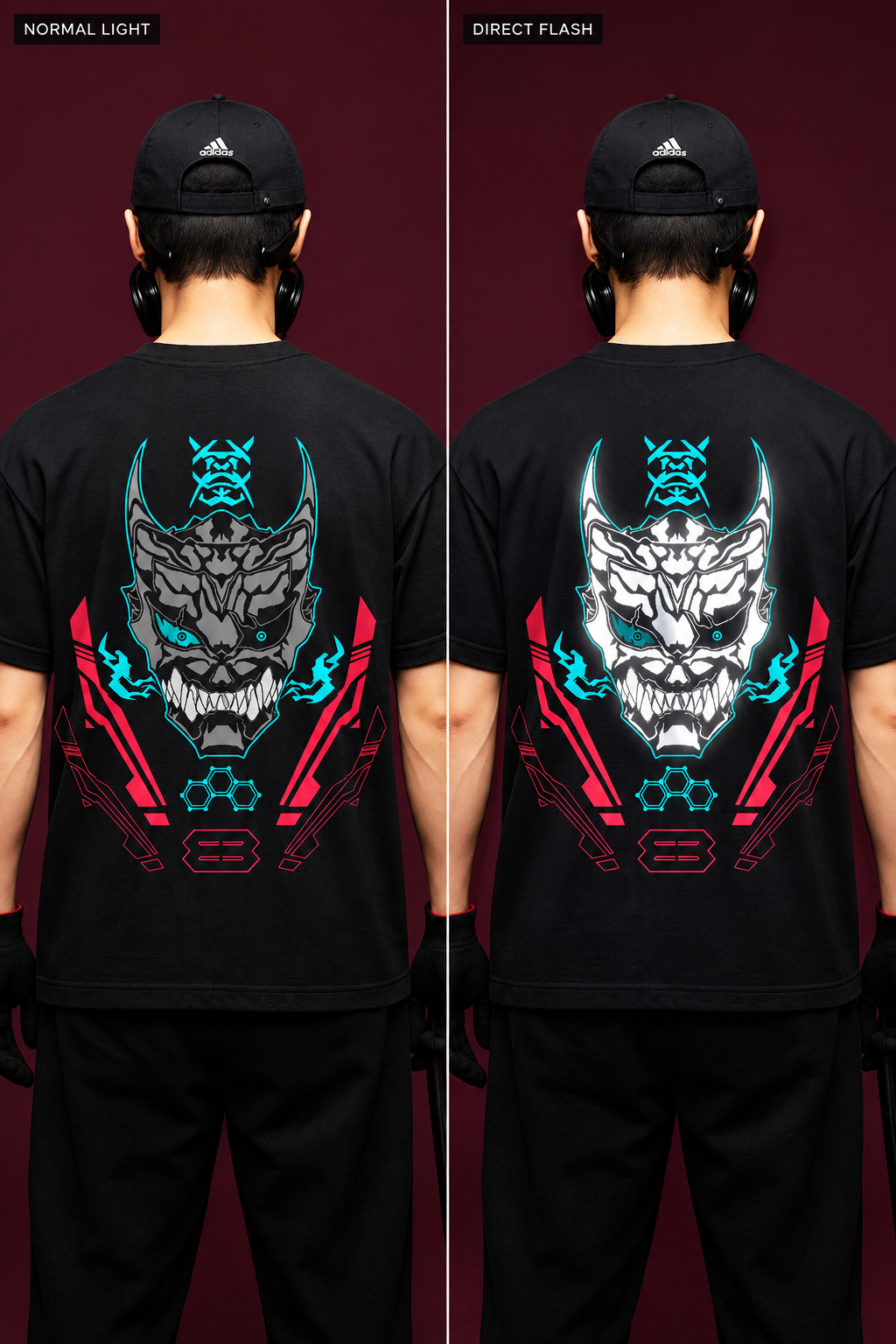 Illustrative Kaiju No. 8 V2 normal-light versus direct-flash comparison