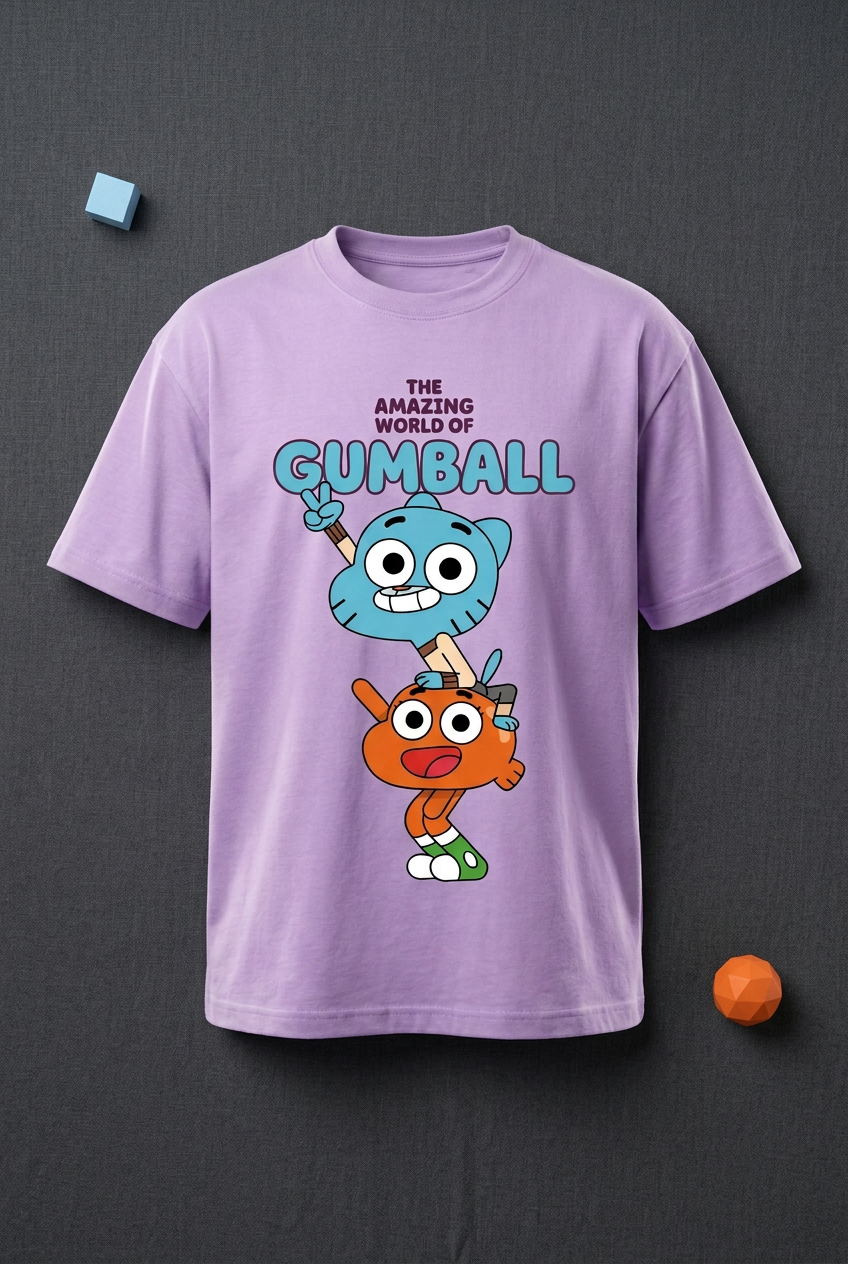 Gumball and Darwin lavender tee styled flat lay