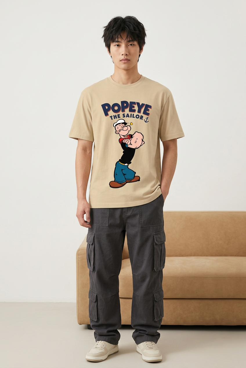 Popeye beige regular-fit graphic tee front hero styled with baggy charcoal cargos
