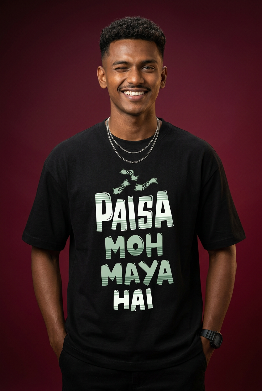 Maya oversized T-shirt, Indian Gen Z model, smiling close-up