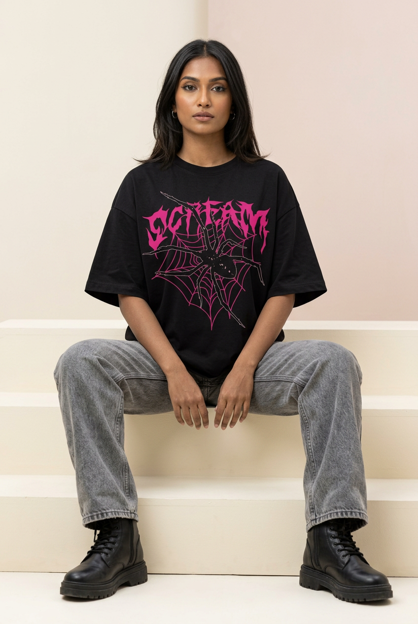 Indian female model in black pink gothic spiderweb tee with washed jeans