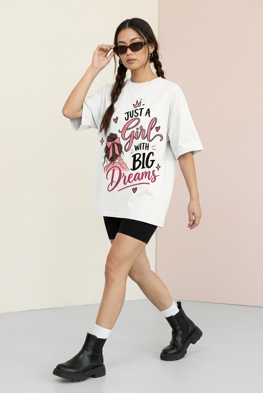 Big Dreams oversized tee, walking outfit with shorts and boots