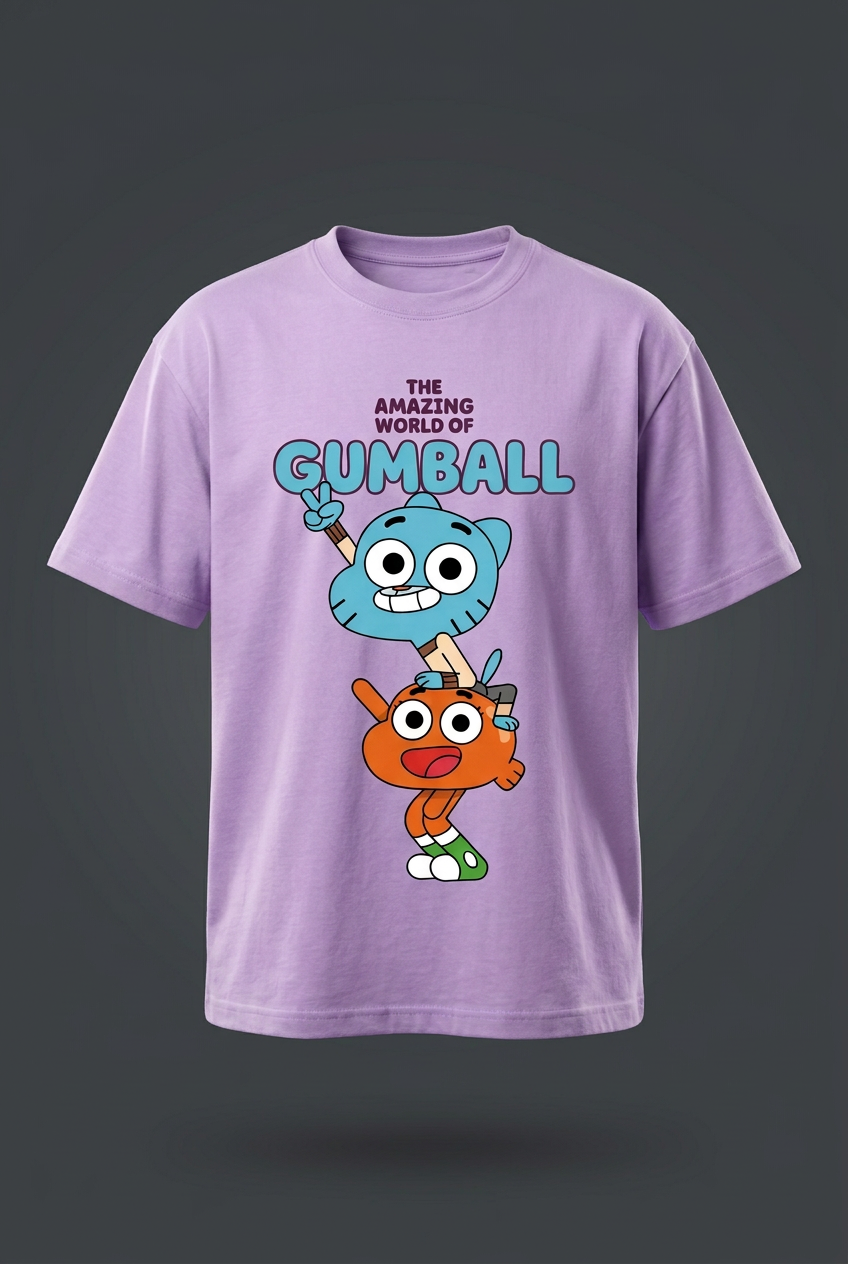 Gumball and Darwin lavender tee angled mockup