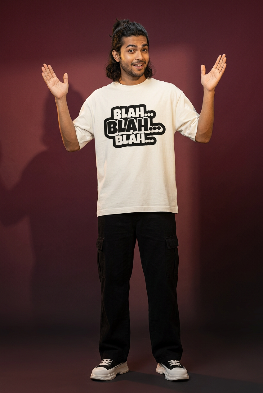 Blah tee, Indian Gen Z model, playful hands-up pose