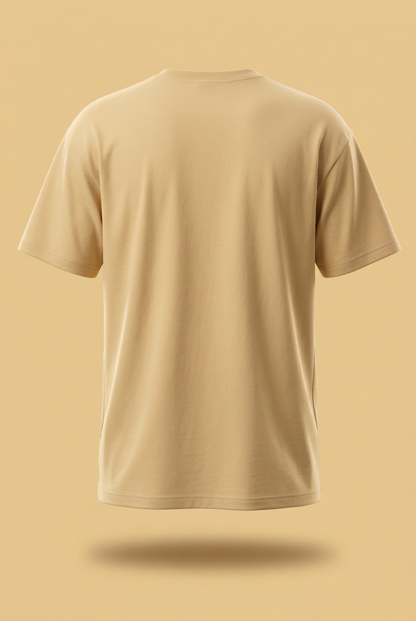 Plain back of golden-beige relaxed regular-fit tee, garment-only 3D mockup